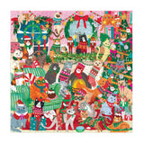 Colorful Christmas puzzle featuring cats in festive sweaters around a decorated tree and fireplace with holiday decorations