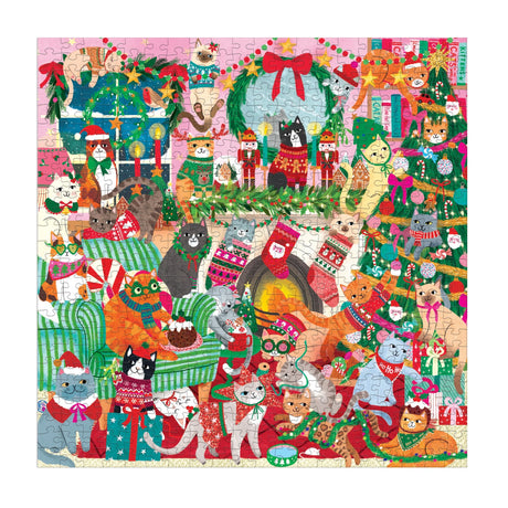 Colorful Christmas puzzle featuring cats in festive sweaters around a decorated tree and fireplace with holiday decorations