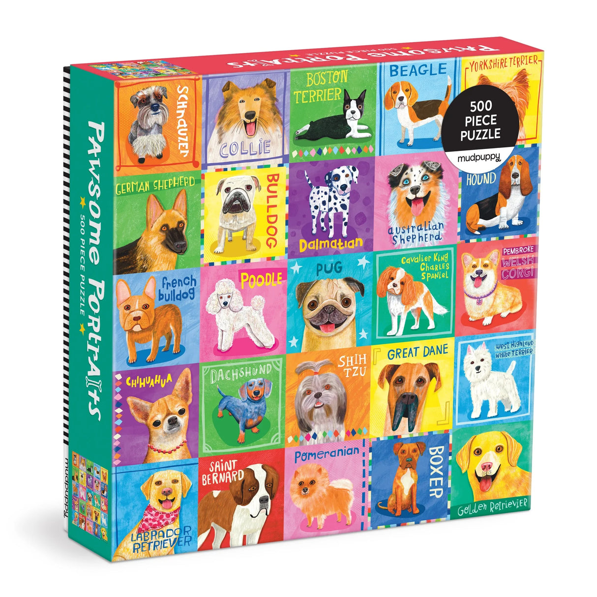 Colorful 500 piece puzzle featuring illustrated portraits of various dog breeds with playful expressions on bright backgrounds