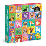 Colorful 500 piece puzzle featuring illustrated portraits of various dog breeds with playful expressions on bright backgrounds