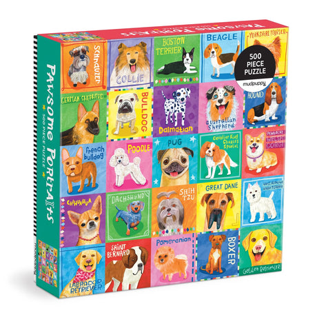 Colorful 500 piece puzzle featuring illustrated portraits of various dog breeds with playful expressions on bright backgrounds