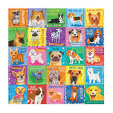 Colorful 500-piece puzzle featuring cute illustrated dog breeds with names in bright, playful squares for family fun.