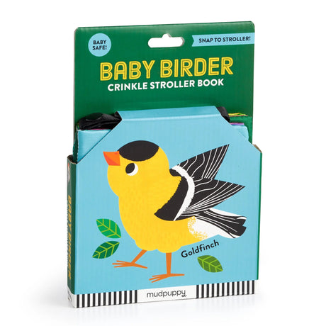Baby Birder crinkle stroller book featuring a colorful goldfinch illustration and safe fabric for sensory play.