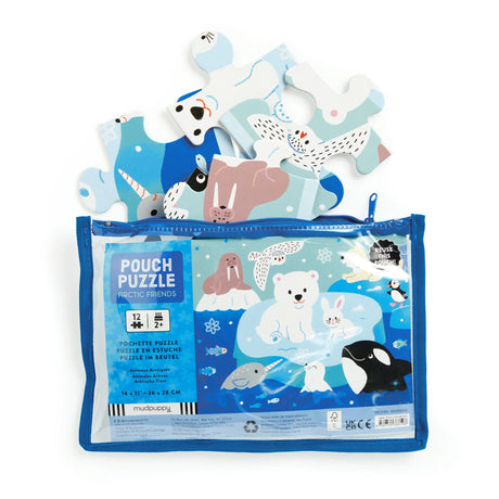 Blue pouch containing 12-piece puzzle with illustrations of polar bears, seals, rabbits, and other Arctic animals