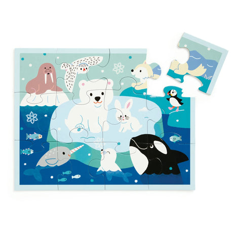 Completed 12-piece Arctic Friends puzzle featuring polar animals on ice and ocean background with one piece detached