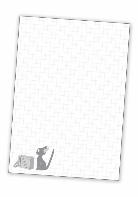 Inside page of Kiki's Delivery Service B6 graph paper notebook, featuring small Jiji the cat drawing in the bottom left corner.