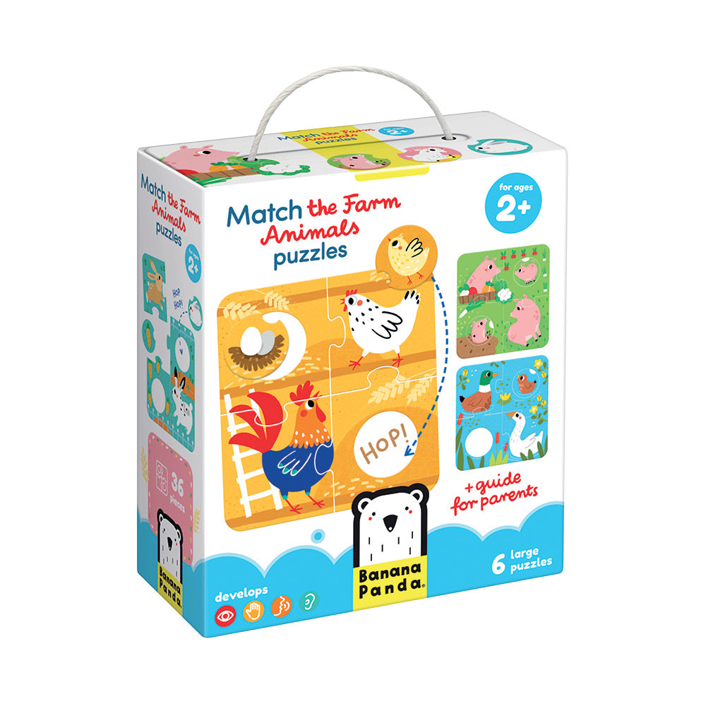 Match the Farm Animals Puzzle box showing colorful farm animal illustrations and six large removable pieces for ages 2 and up.