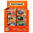 Display box of Matchbox vehicles featuring six different miniature die-cast cars with detailed designs and real rolling wheels