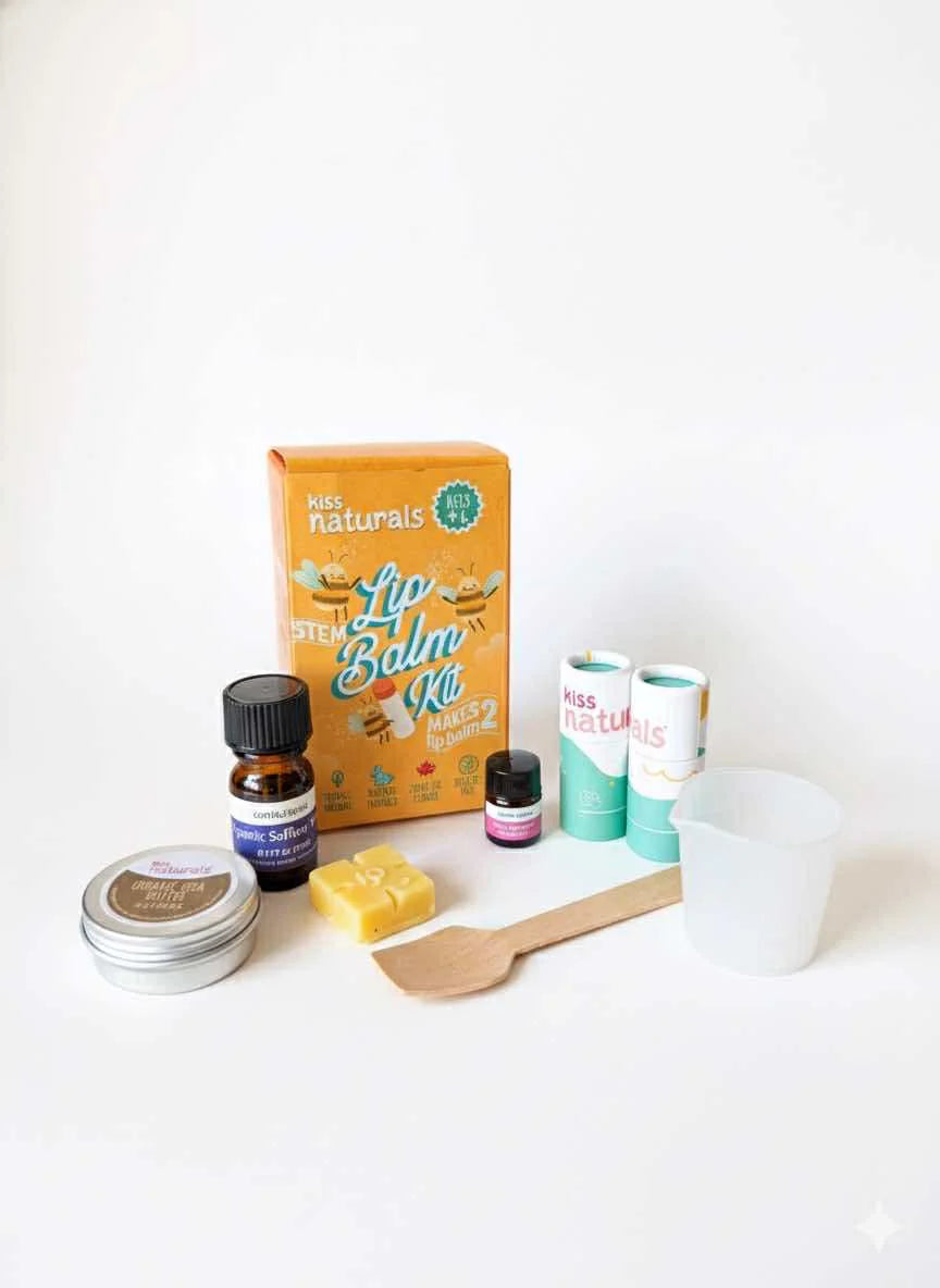 DIY Mini Lip Balm Kit with natural ingredients tins cups spatula and mixing supplies