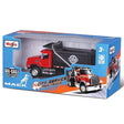 Red and black 4.5 inch Mack Granite die-cast truck with moving parts packaged in a blue and orange display box for kids ages 3 and up