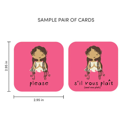 Sample pair of cards measuring 2.95" x 2.95" featuring cartoon image of a person motioning please and English and French translations for "please".