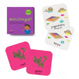 Image of the game box reading "Minilingo! Bilingual Memory Game with Spanish & English Cards", as well as two sample cards with a cartoon image and English and Spanish translations for "cat" and "toys".