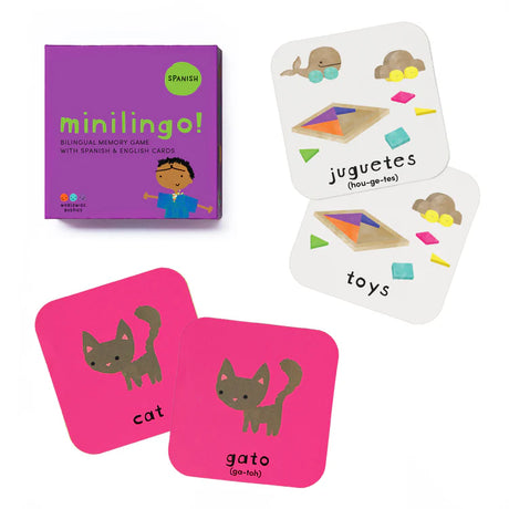 Image of the game box reading "Minilingo! Bilingual Memory Game with Spanish & English Cards", as well as two sample cards with a cartoon image and English and Spanish translations for "cat" and "toys".