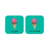 Sample pair of cards measuring 2.95" x 2.95" featuring cartoon image of an ice cream and English and Spanish translations for "ice cream".