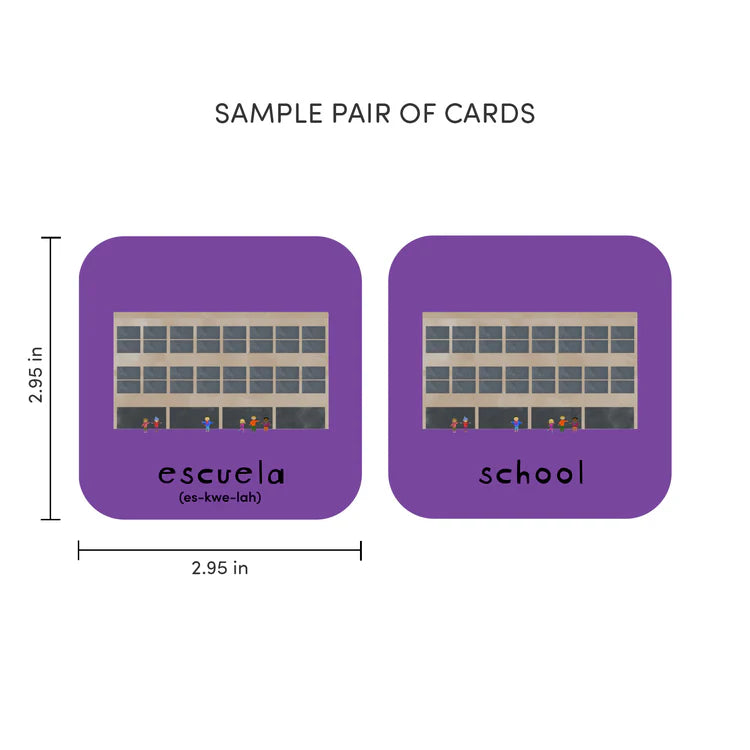 Sample pair of cards measuring 2.95" x 2.95" featuring cartoon image of a school and English and Spanish translations for "school".