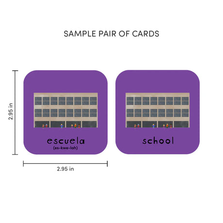 Sample pair of cards measuring 2.95" x 2.95" featuring cartoon image of a school and English and Spanish translations for "school".