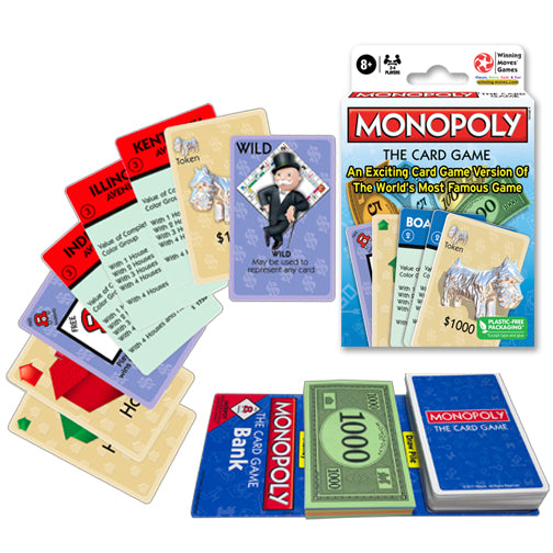 Monopoly The Card Game packaging with colorful cards play money and game components