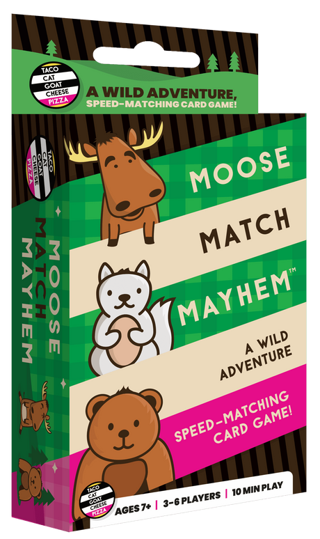 Moose Match Mayhem speed matching card game box featuring woodland animals