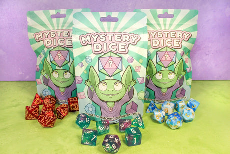 Mystery Dice Bag with vibrant polyhedral dice sets in red, green, and blue, perfect for tabletop gaming and RPG fans.