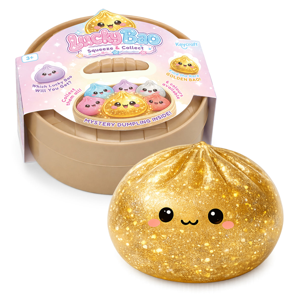 Lucky Bao Dumpling golden glitter dumpling toy with a smiling face and colorful packaging