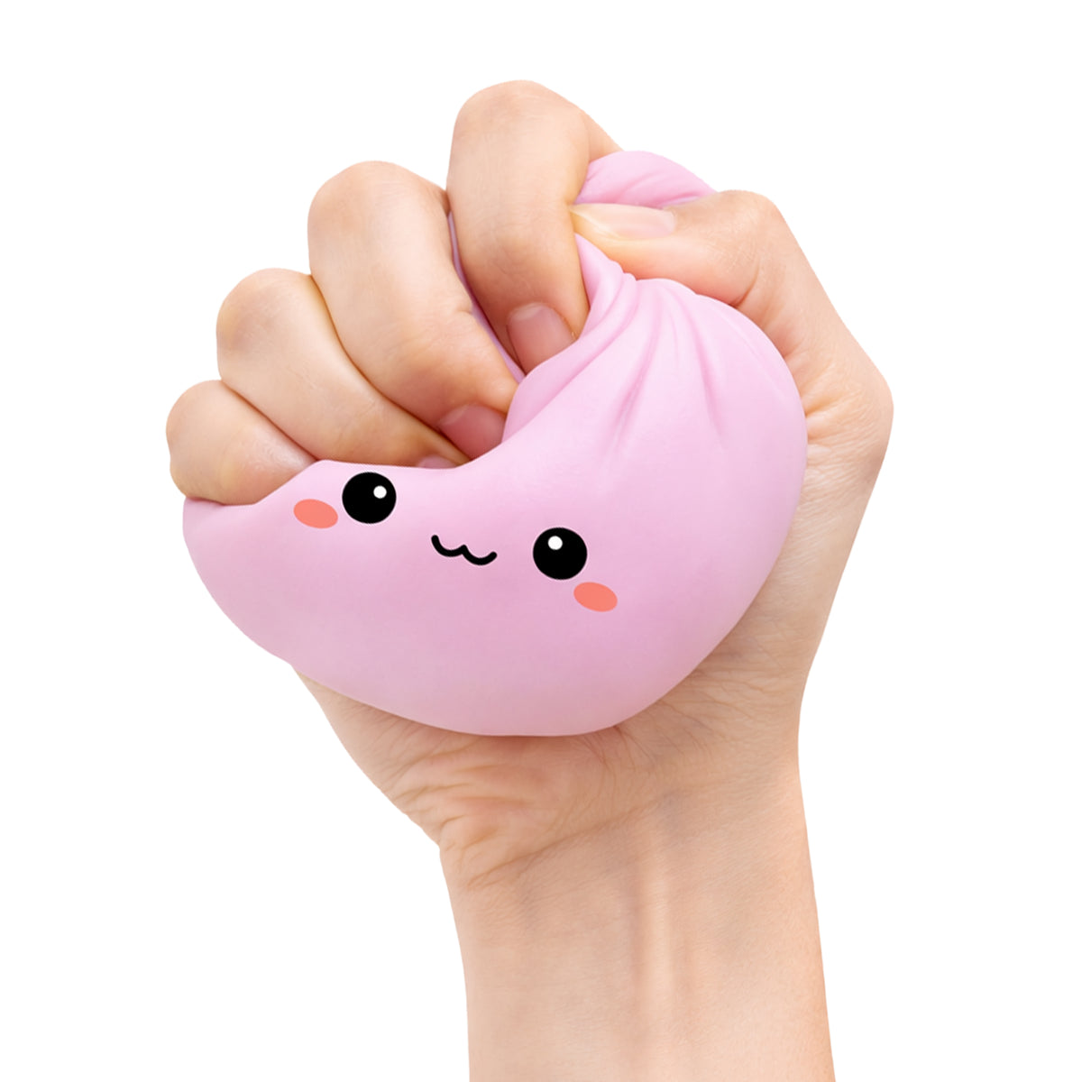 Lucky Bao Dumpling pink squishy toy with a cute face held in one hand