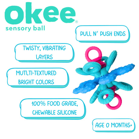 Colorful Okee sensory toy with textured rings and layers made of food grade chewable silicone for infants.