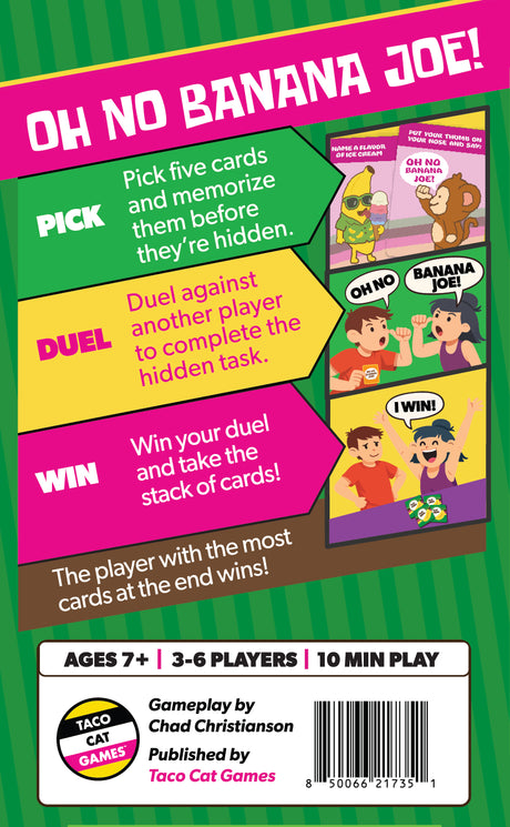 Oh No Banana Joe card game box with colorful illustrations and instructions for a memory game