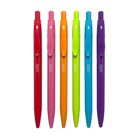 Bright Writers Ballpoint Pens set of 6 retractable colorful ballpoint pens in red, pink, orange, green, blue, and purple.