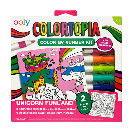 Colortopia Color by Number | Unicorn Funland kit with paint markers, two art boards, and display stands for kids 6+.