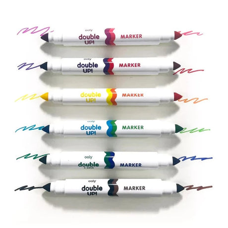 Double Up! Double-Ended Markers showing six markers with twelve vibrant colors and colored strokes on white background