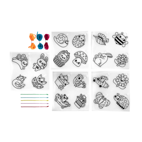 Shrink-Its! Garden Pals showing pre-cut garden-themed designs with colored cords for DIY shrink art charms.