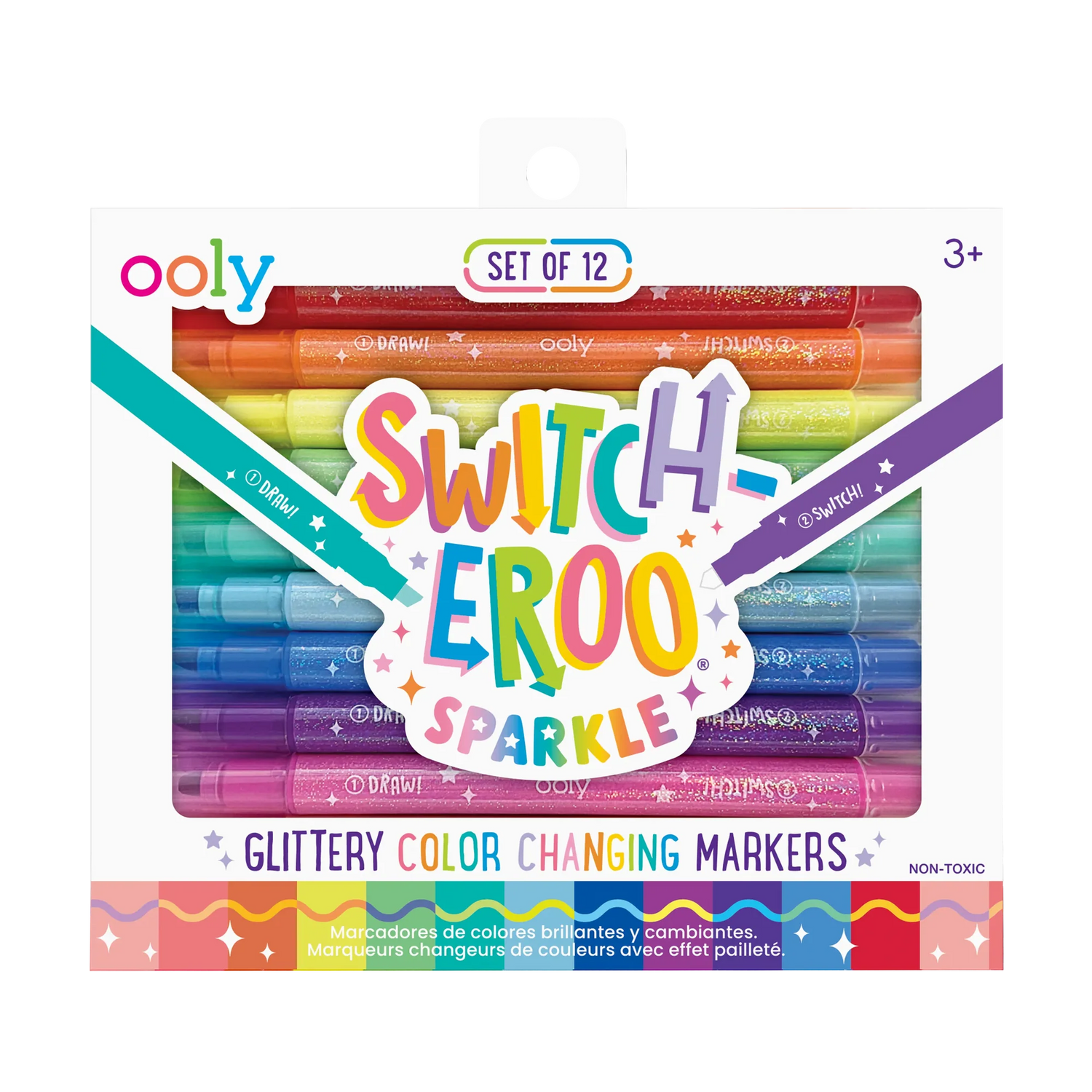 Switch-eroo Sparkle Glittery Color Changing Markers set of 12 with double-ended glitter and mystery colors for creative art.