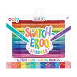 Switch-eroo Sparkle Glittery Color Changing Markers set of 12 with double-ended glitter and mystery colors for creative art.