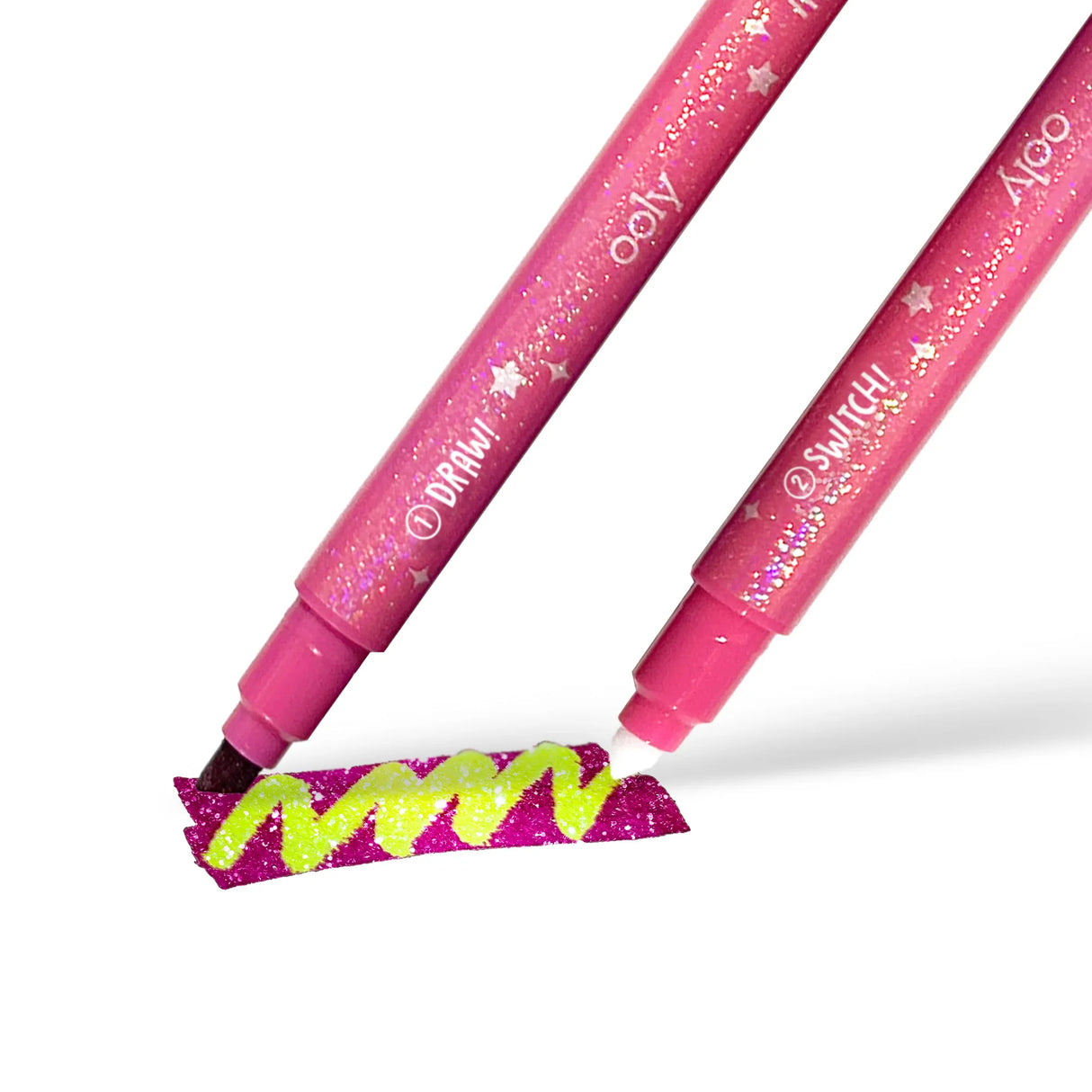 Switch-eroo Sparkle Glittery Color Changing Markers showing double-ended glittery and mystery color tips in use.