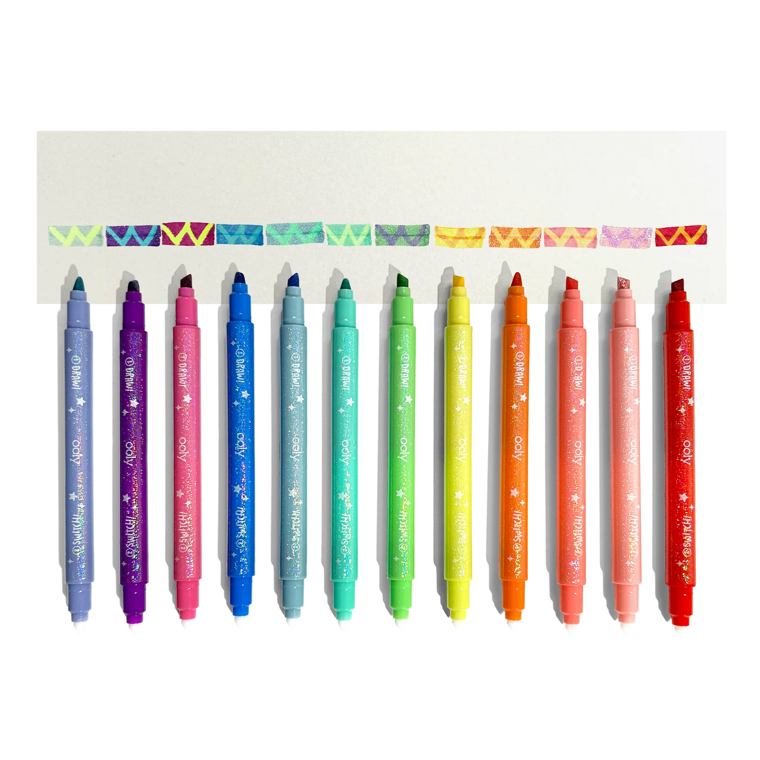 Switch-eroo Sparkle Glittery Color Changing Markers set of 12 with glittery and mystery color double-ended tips.