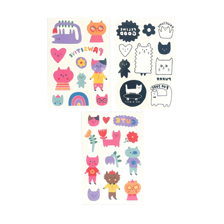 Pawsitive Cats Tattoos featuring colorful and black-and-white cat designs on three sheets of temporary kids tattoos.