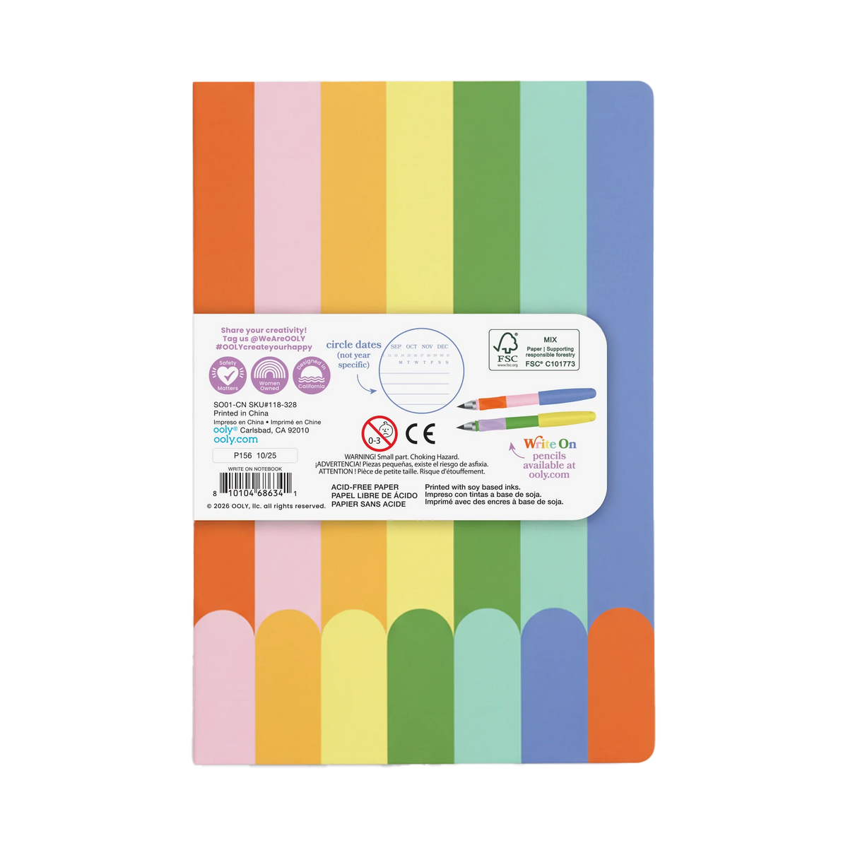 Write On: Notebook with colorful vertical stripes and a white paper label
