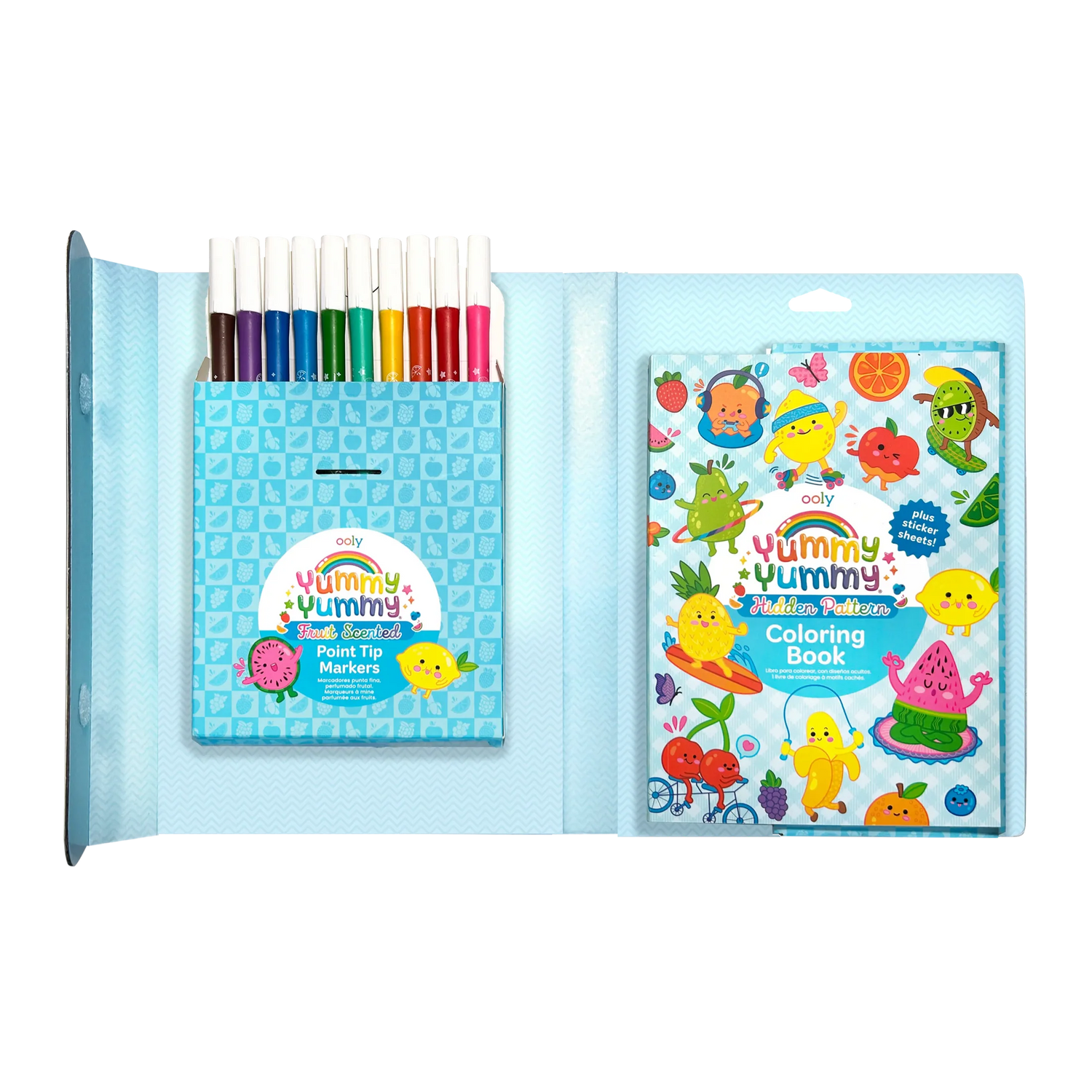 Yummy Yummy Scented Coloring Kit with 10 fruit-scented markers and hidden pattern coloring book for kids.
