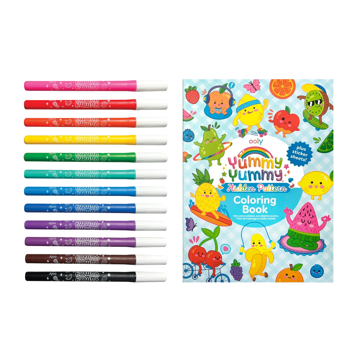 Yummy Yummy Scented Coloring Kit with 10 colorful fruit-scented markers and hidden pattern coloring book for kids.