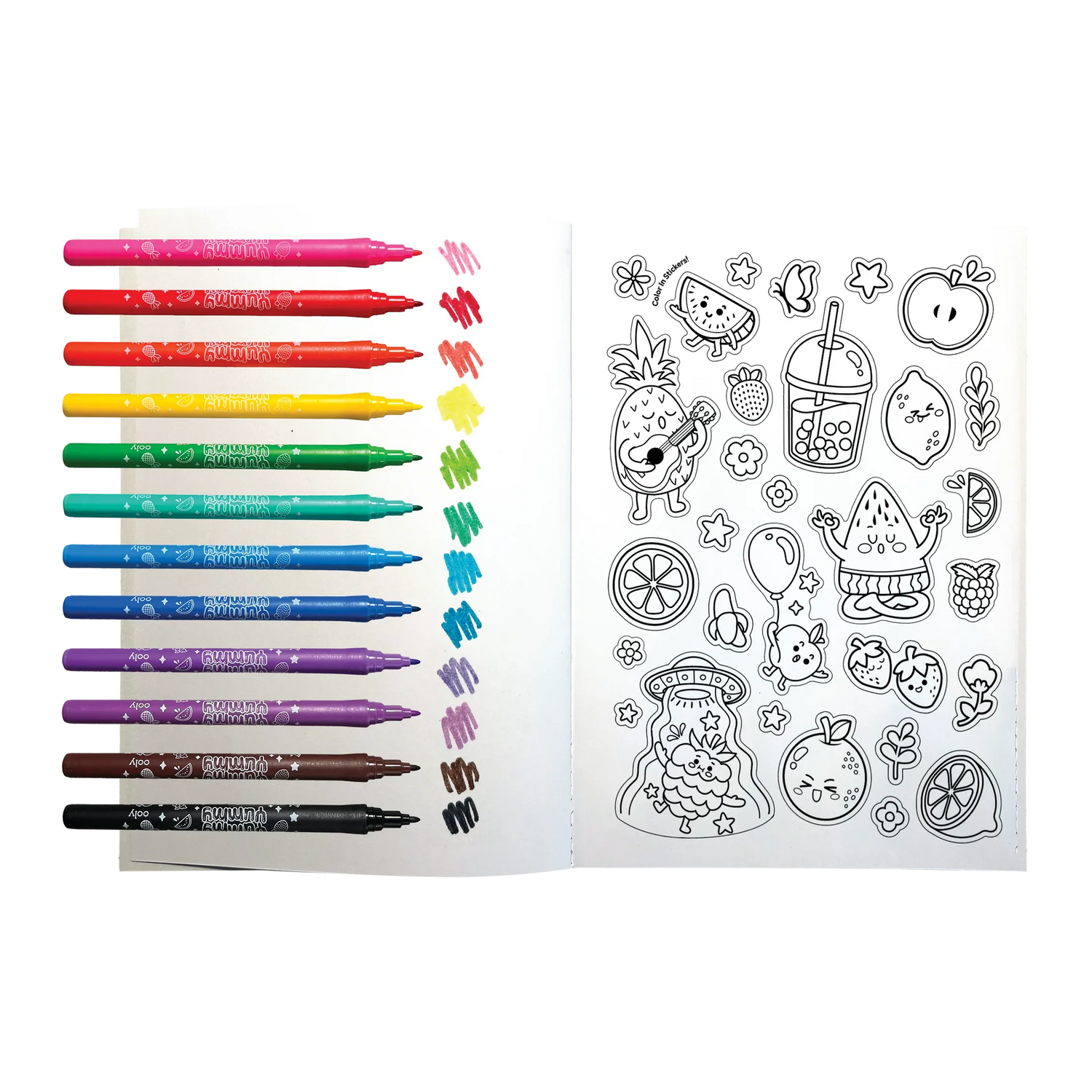 Yummy Yummy Scented Coloring Kit with 10 colorful fruit-scented markers and a hidden pattern coloring book.