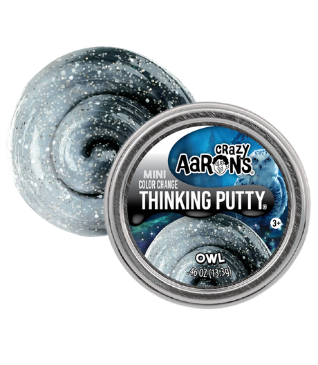 Mini Color Change Owl Thinking Putty in black and white with silver sequins in a tin for ages 3 and up.