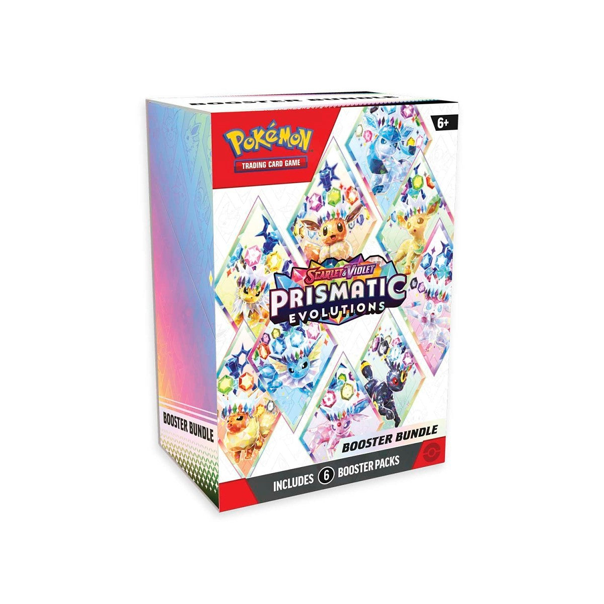Pokemon Prismatic Evolutions Booster Bundle with six booster packs featuring Eevee and Evolutions from Scarlet & Violet expansion.