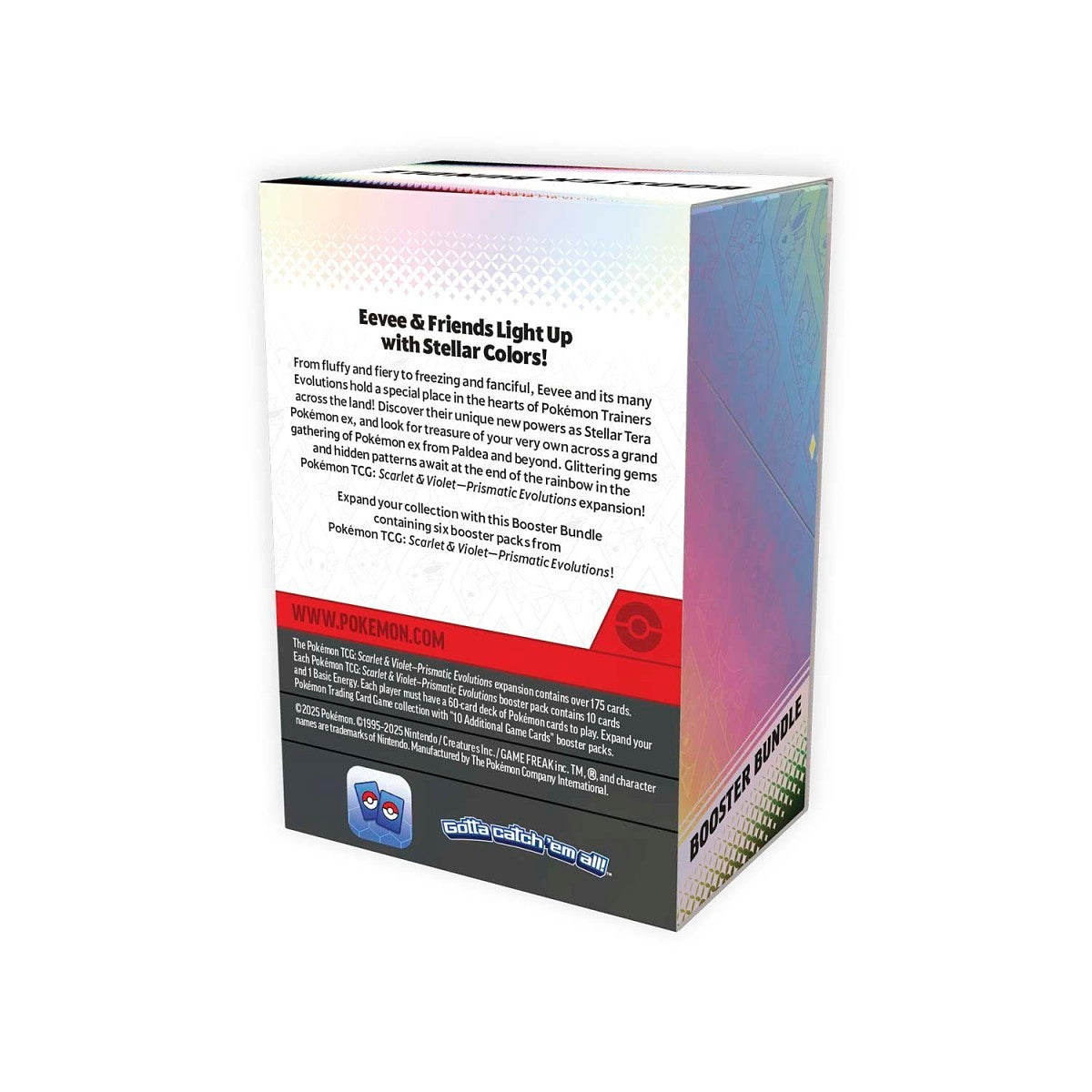 Pokemon Prismatic Evolutions Booster Bundle showing colorful packaging with Eevee and friends in Stellar Tera Pokémon ex set