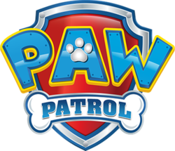 Colorful PAW Patrol logo featuring a shield with a paw print and bold playful text design