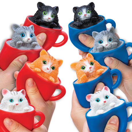Pop a Chino Kitties! showing four mini kitten toys popping out of red and blue cups held by hands.