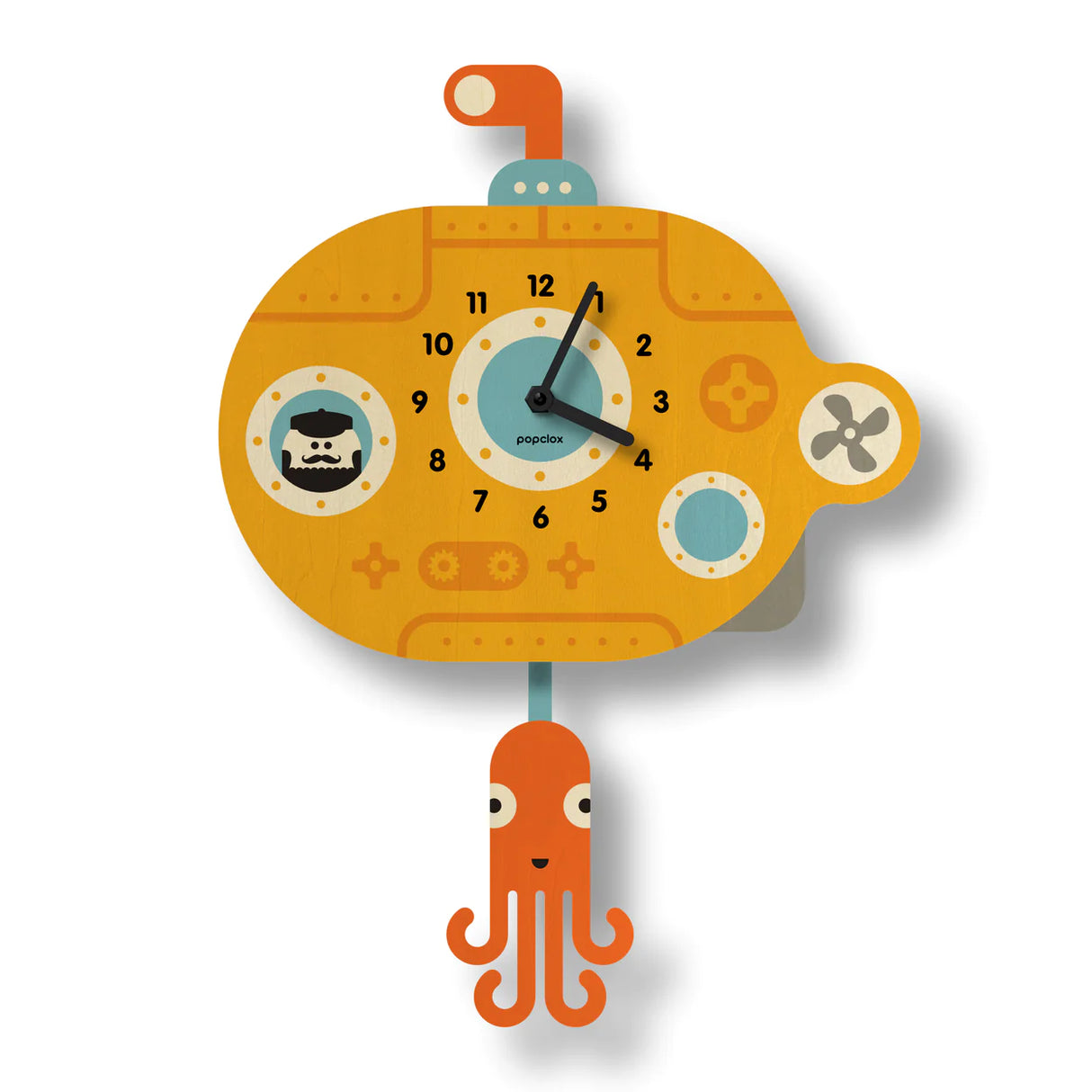 Wood Pendulum Clock | Submarine made of laser cut poplar plywood with silent quartz movement and playful submarine design.