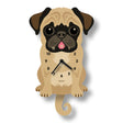 Wooden wall clock shaped like a pug dog with wagging tail pendulum and easy-to-read clock face