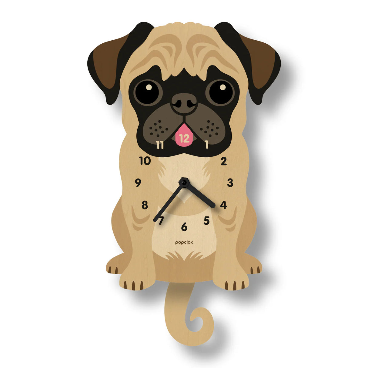 Wooden wall clock shaped like a pug dog with wagging tail pendulum and easy-to-read clock face