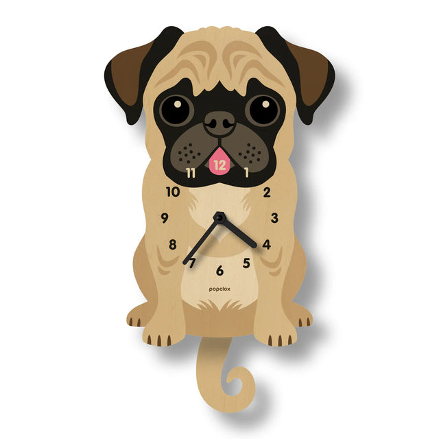 Wooden wall clock shaped like a pug dog with wagging tail pendulum and easy-to-read clock face