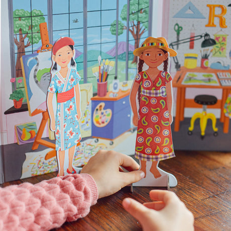 Paper Dolls | Artist & Musician set featuring two colorful paper dolls in a creative studio play scene.
